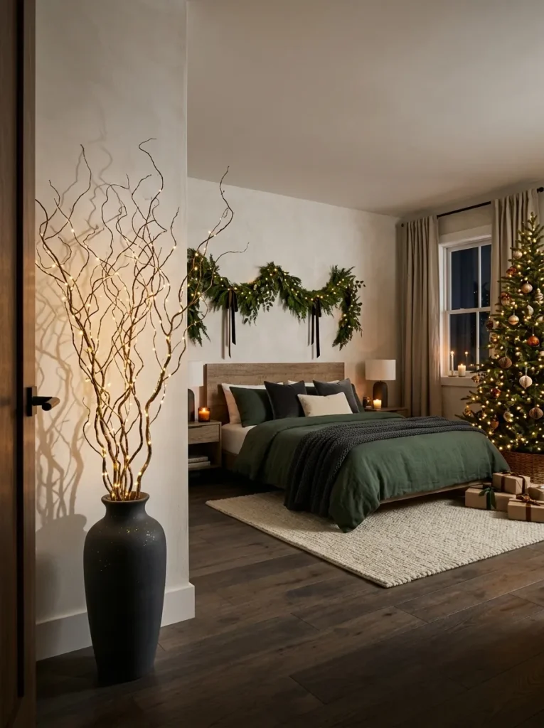 "Lit willow branches in a charcoal vase casting shadows on a bedroom wall"