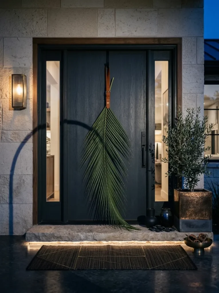 "Single palm frond hung vertically on a charcoal front door"