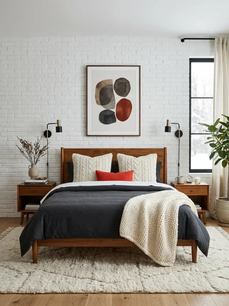 "Charcoal jersey duvet with ivory cable-knit pillows on a teak bed"
