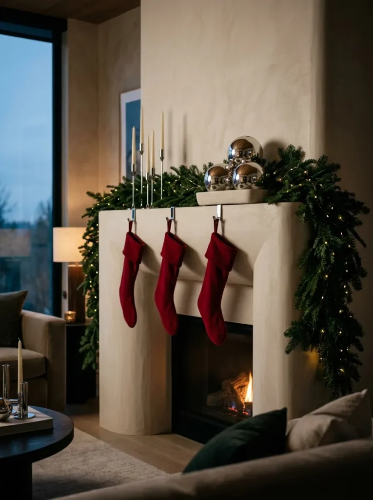  "Cherry red stockings and mirrored chrome globes on a mantel"