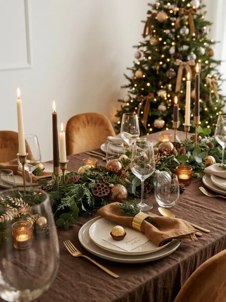"Cream porcelain plates on a chocolate-brown linen tablecloth with chocolate place cards"