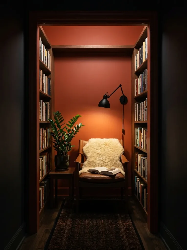 "Paprika-orange closet converted into a reading den"
