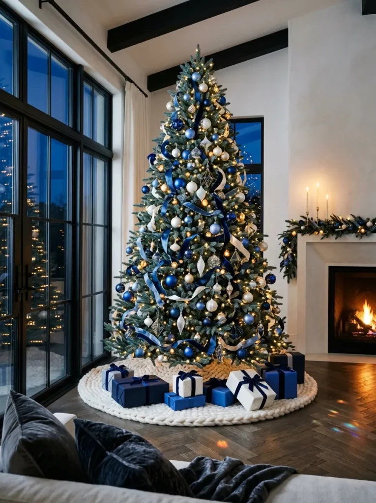 "Blue spruce decorated in cobalt, cornflower, and powder-blue glass ornaments"