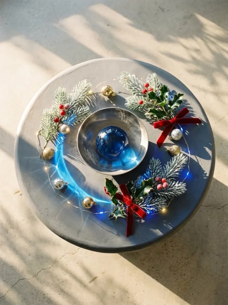 "Cobalt glass orb in a brushed nickel bowl on a round coffee table"