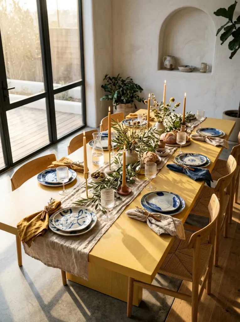 "Mismatched blue-and-white china on a butter-yellow linen tablecloth"