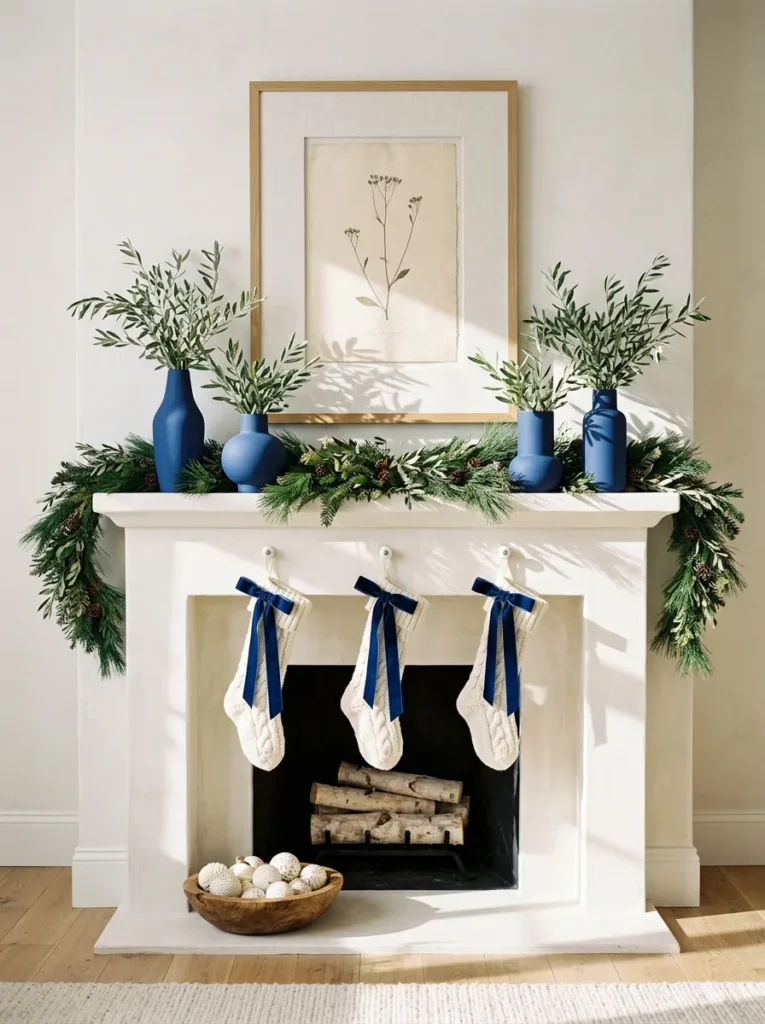  "Cobalt blue bud vases on a cream Christmas mantel"