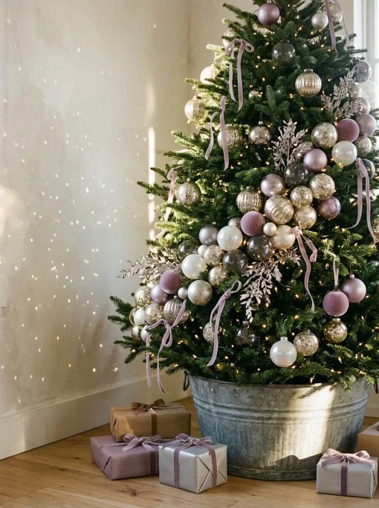 "Noble fir with a diagonal band of mercury glass ornaments in a zinc tub"