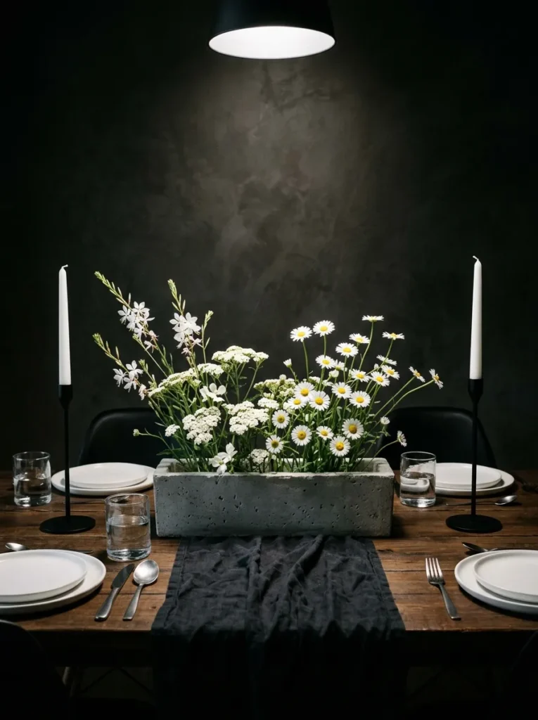"White gaura wands in a concrete trough on a black linen runner"