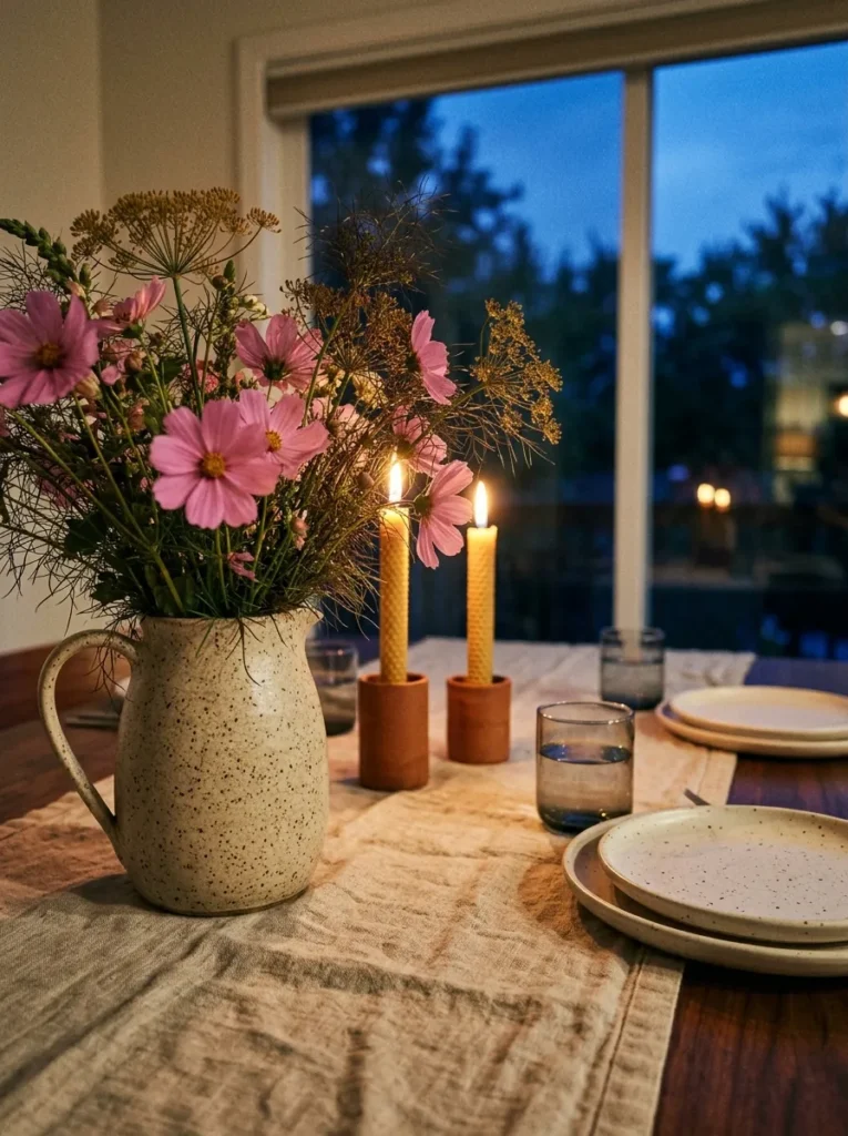 "Pink cosmos in a speckled stoneware pitcher on a linen runner"