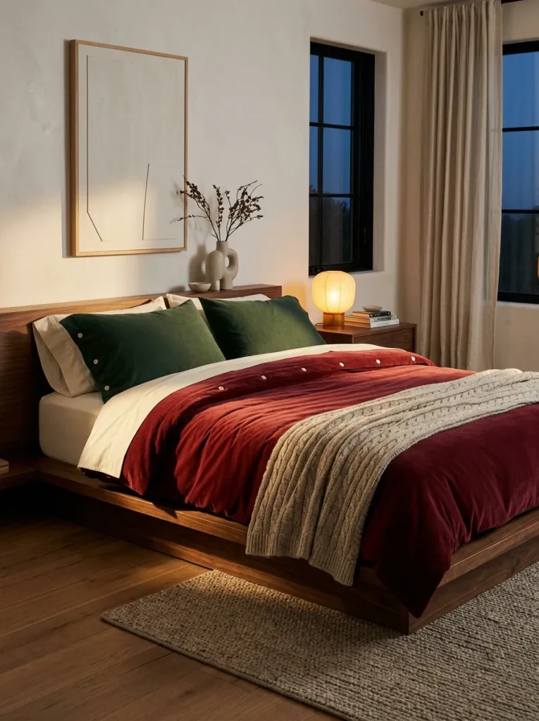 "Cranberry cotton-velvet duvet with pine-green pillows on a walnut bed"