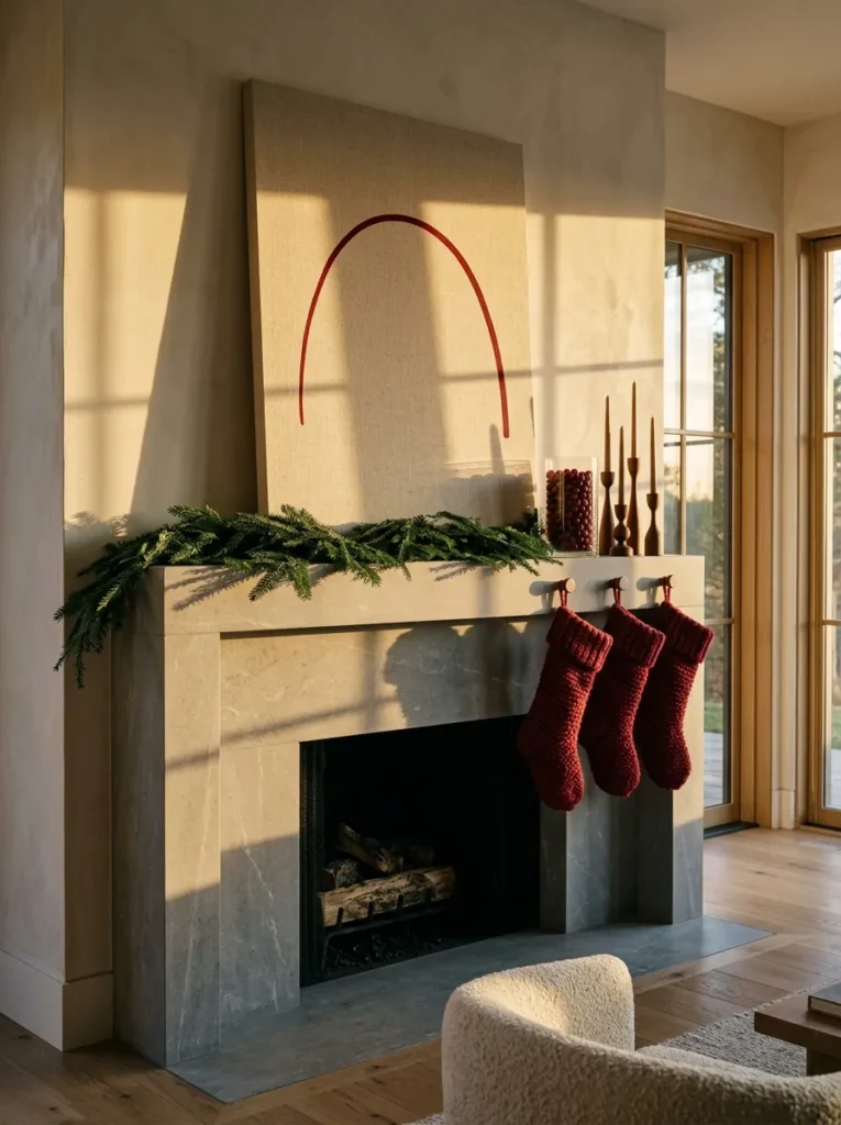  "Cranberry and walnut Christmas mantel with fresh fir garland"