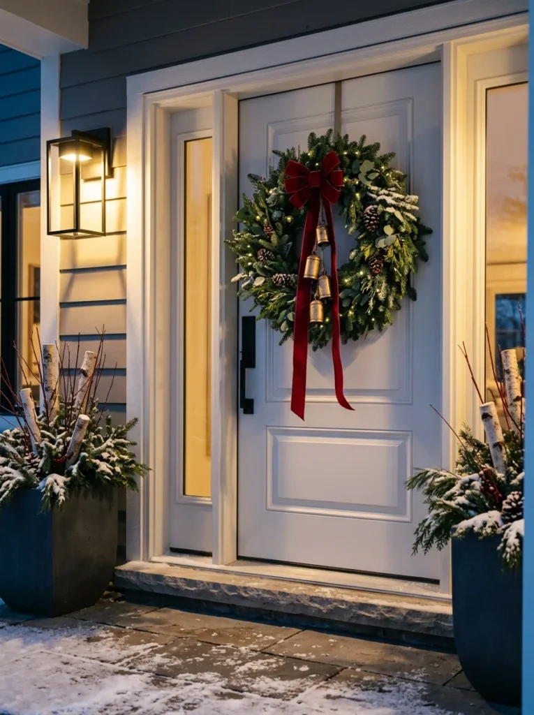 "Fraser fir wreath with cranberry velvet bow on a bone-white door"
