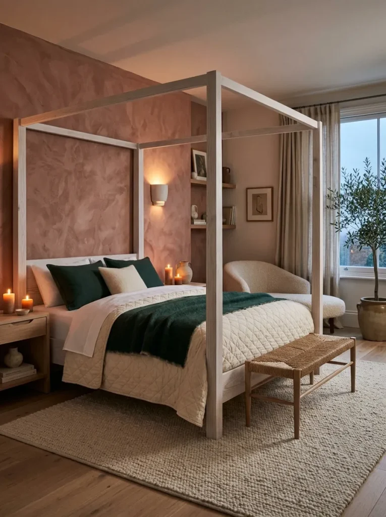 "Spruce boiled wool throw over a cream diamond-quilted cover"