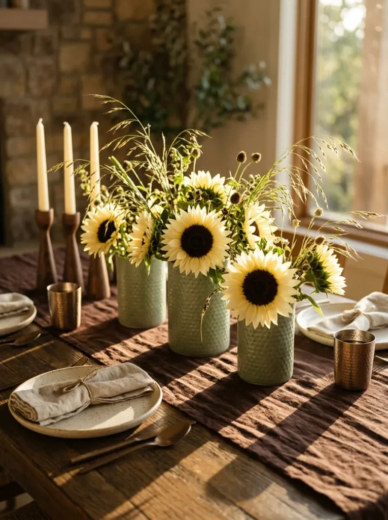"Cream sunflower trio in sage ceramic vessels on a brown linen runner"