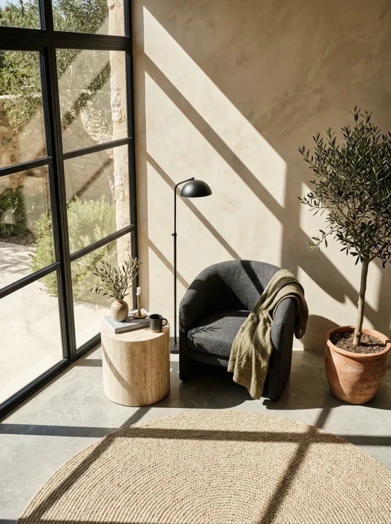 "Curved barrel chair in a corner with limewash walls and floor lamp"