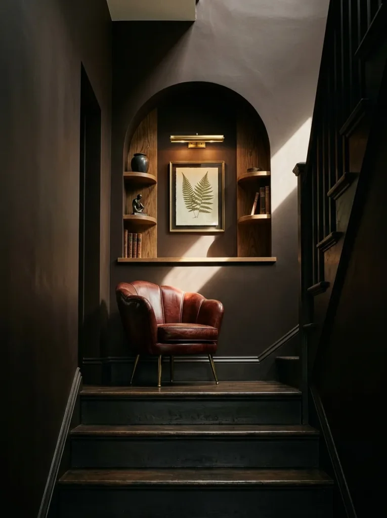 "Dark academia landing library with oxblood leather chair"