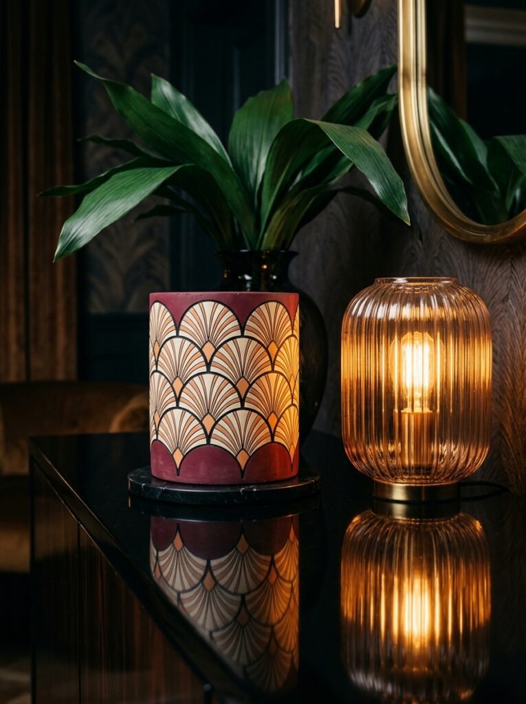"Art Deco fan pattern painted on a bordeaux concrete pot"