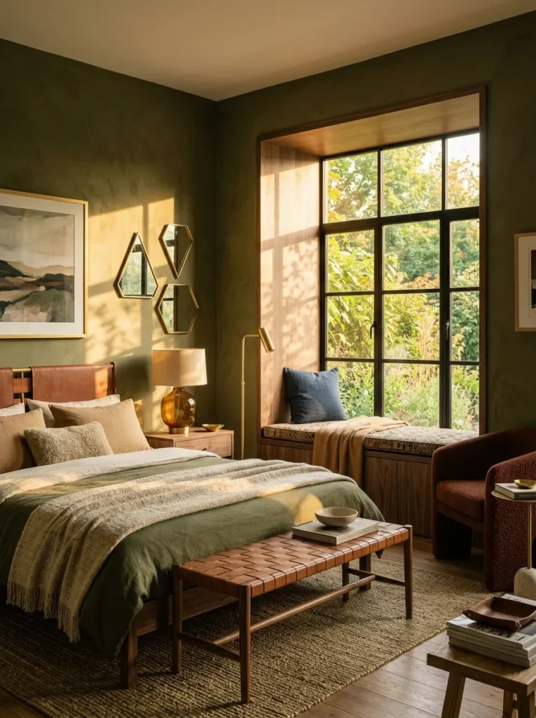 "Deep plaster-wrapped window seat with walnut edge and lavender pots"