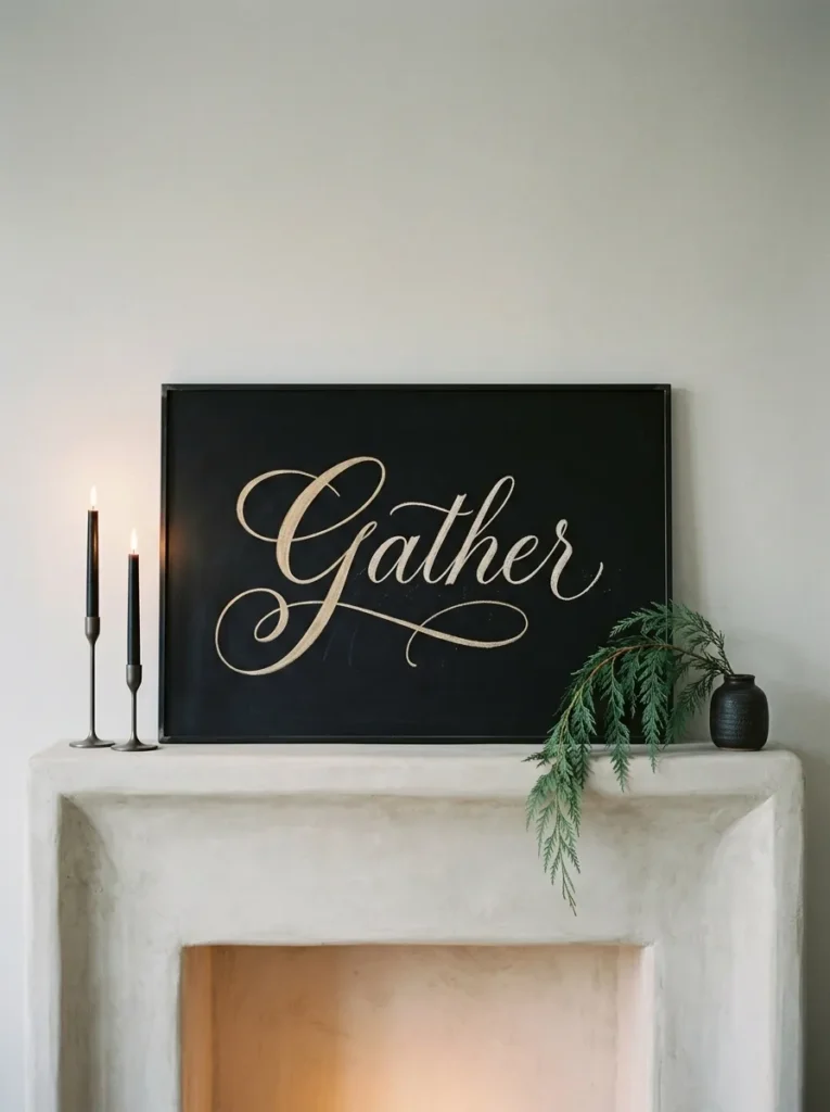 "Script chalk lettering of a Dickens quote above a fireplace mantel"