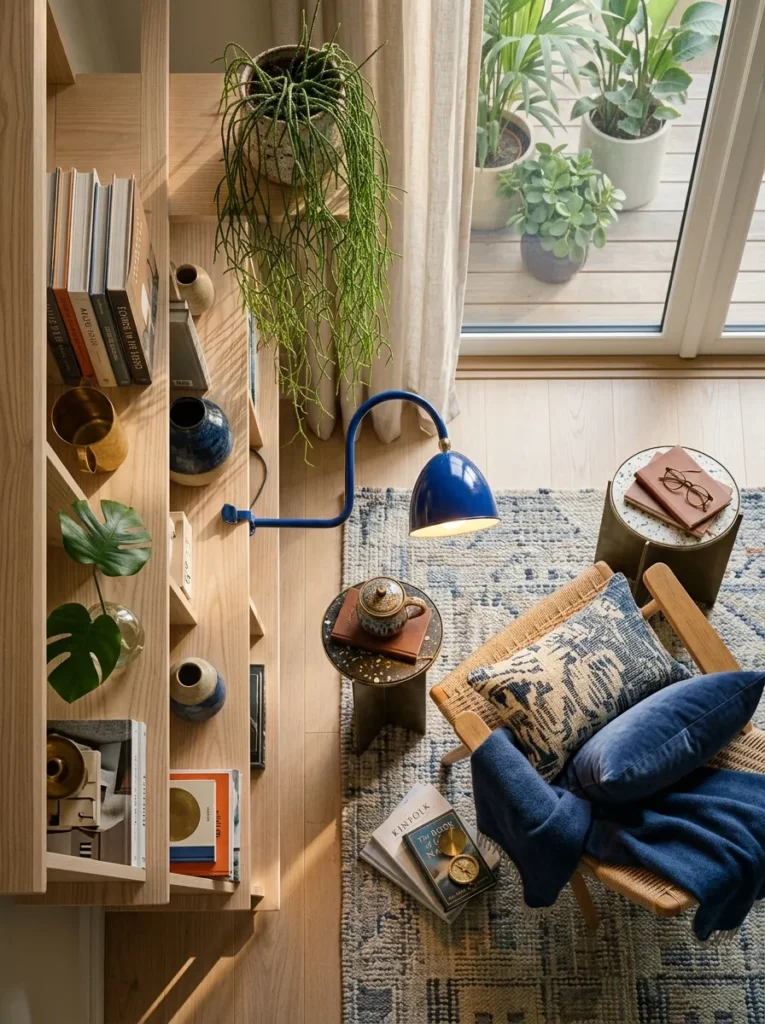 "Pale ash bookcase dividing a room into a reading nook"