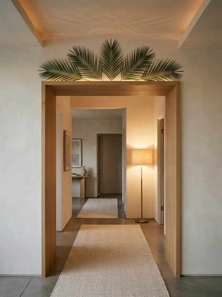 "Palm fronds fanned across a doorway head casing like a crest"