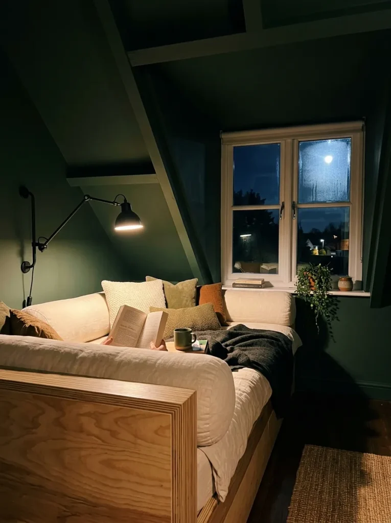  "Built-in platform daybed in an attic dormer reading nook"