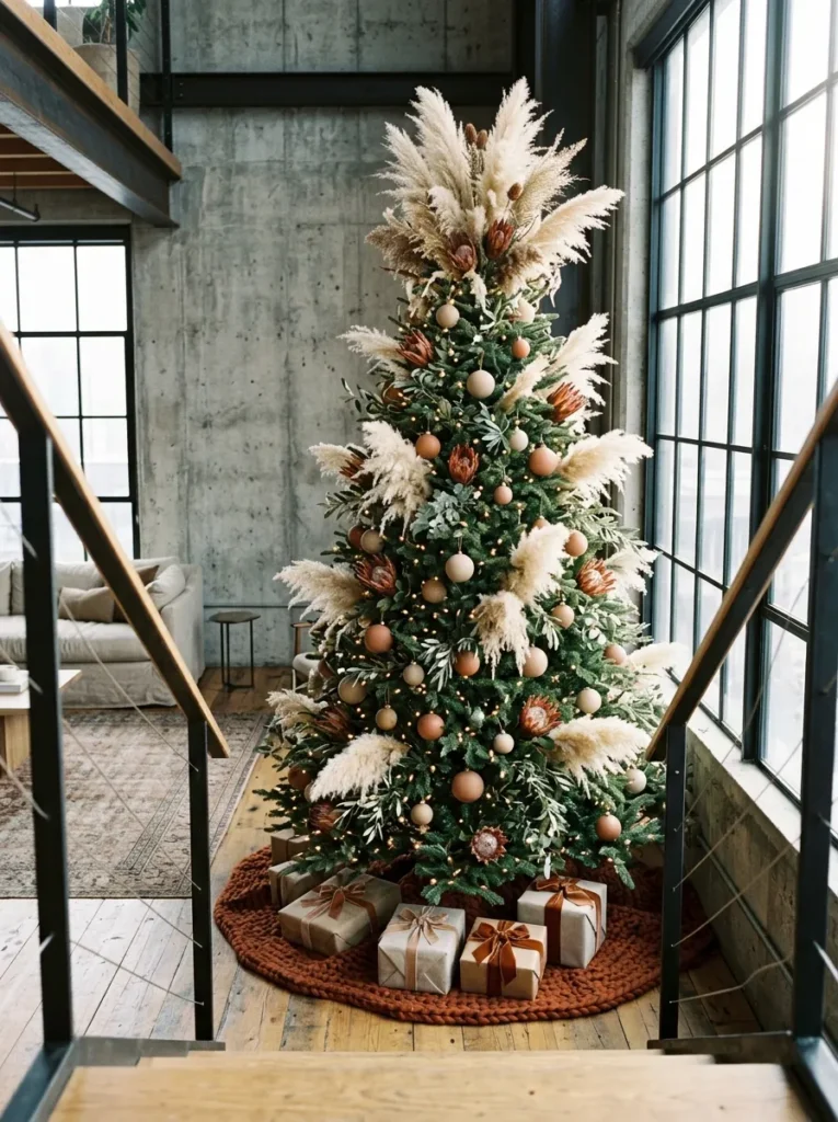 "Fir tree with bleached pampas, olive eucalyptus, and rust protea clusters"