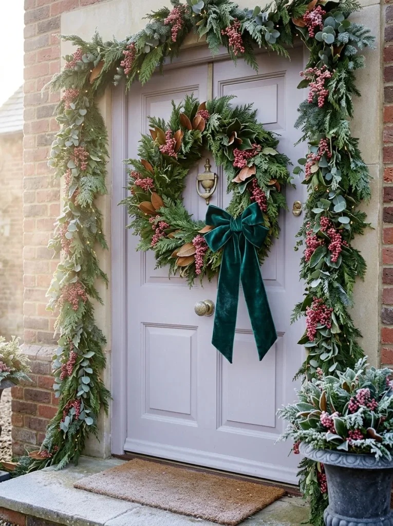 "Cypress wreath with emerald velvet bow on a lavender-gray door"