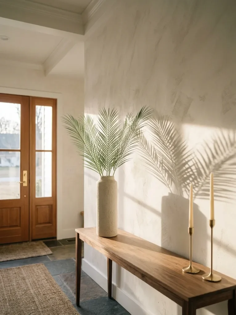 "Tall palm frond sheaf in a cream ceramic cylinder on an entry console"