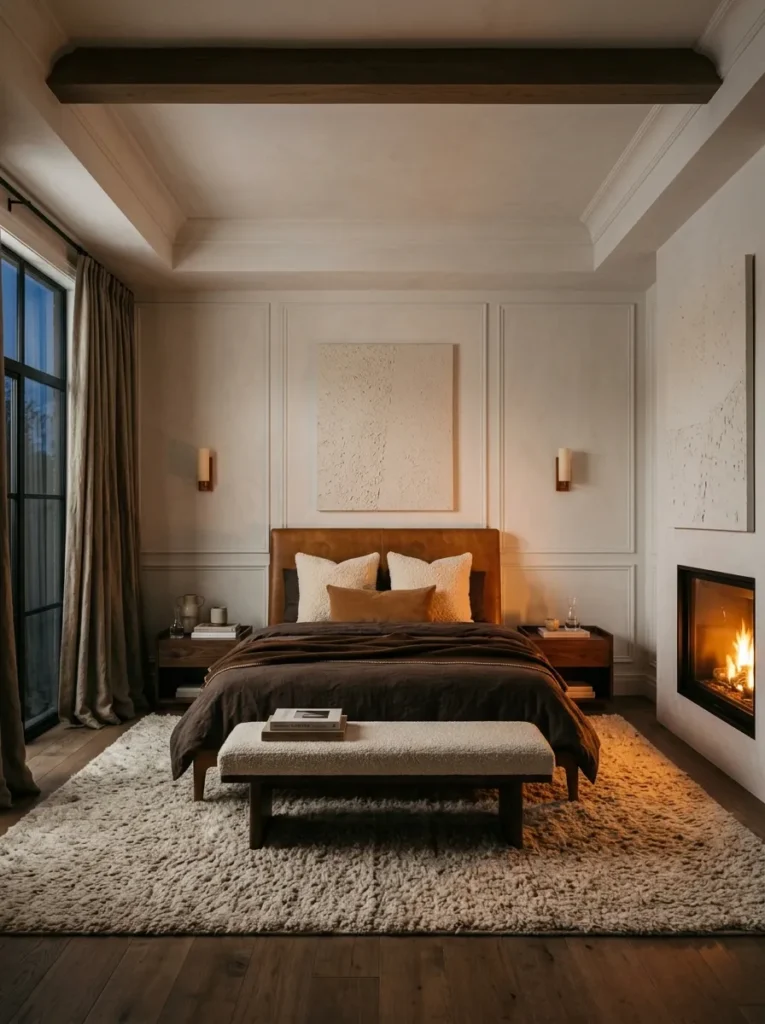 "Espresso flannel duvet with cream shearling pillows"