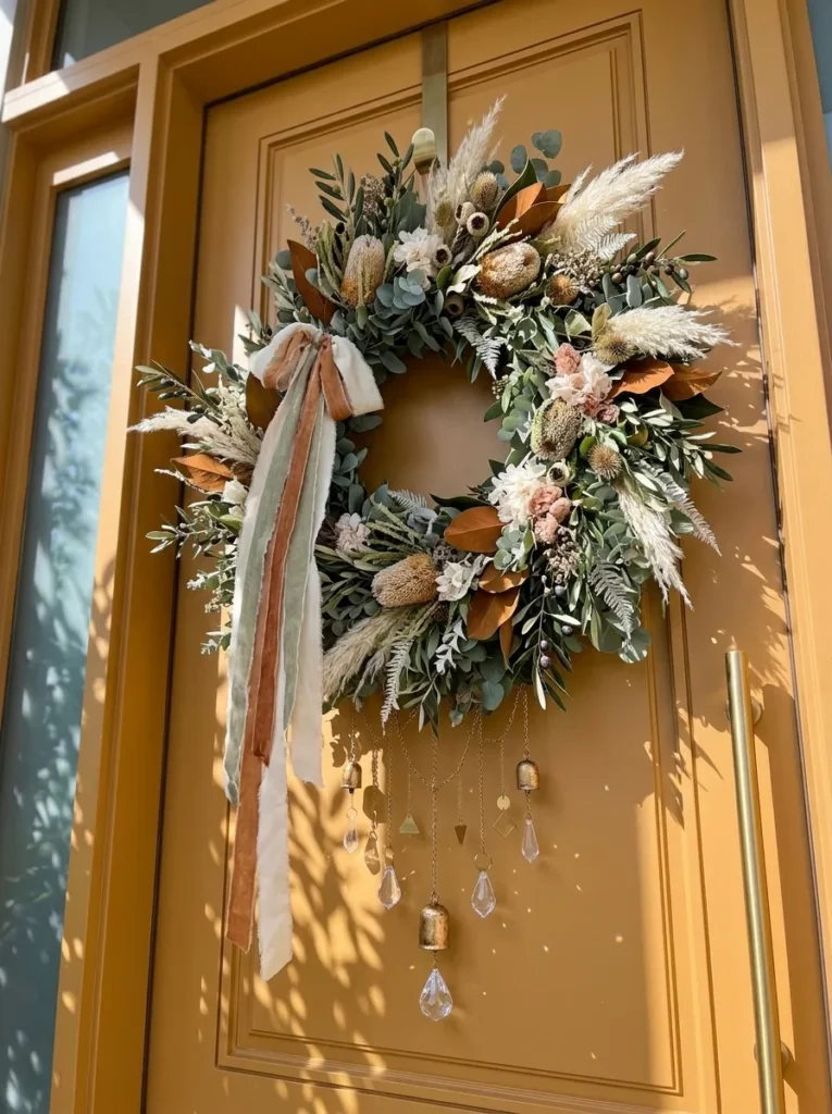 "Eucalyptus ring with hanging glass teardrop chains on an ochre door"