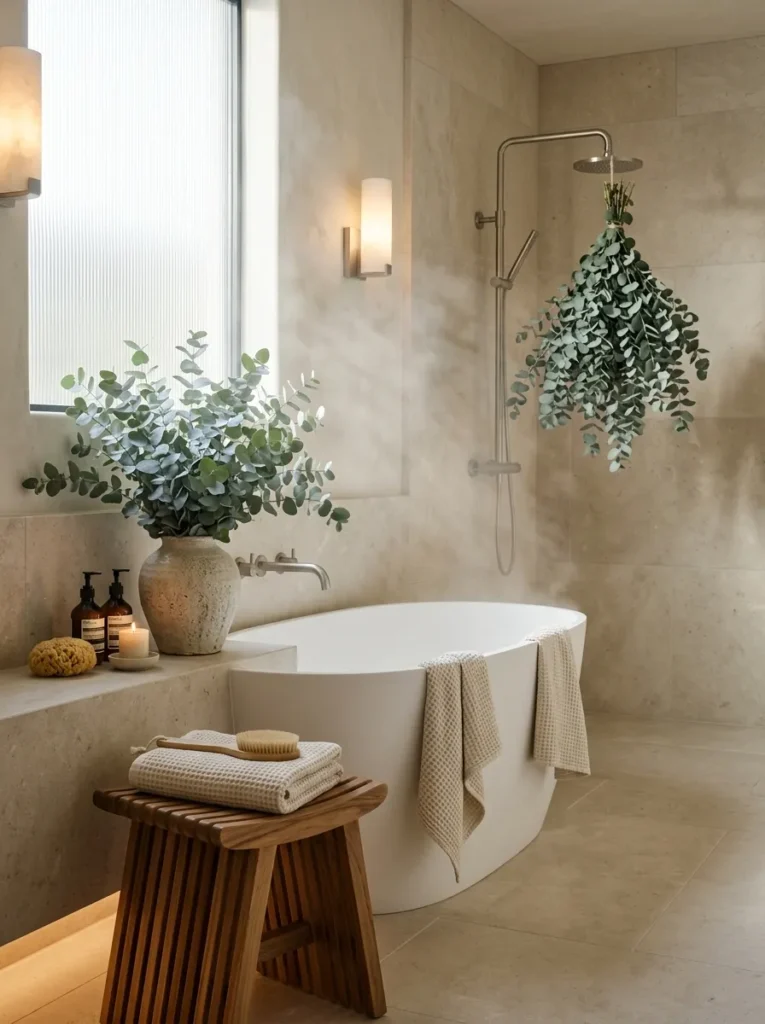 "Eucalyptus bundle hanging from a shower arm in a spa-style bathroom"