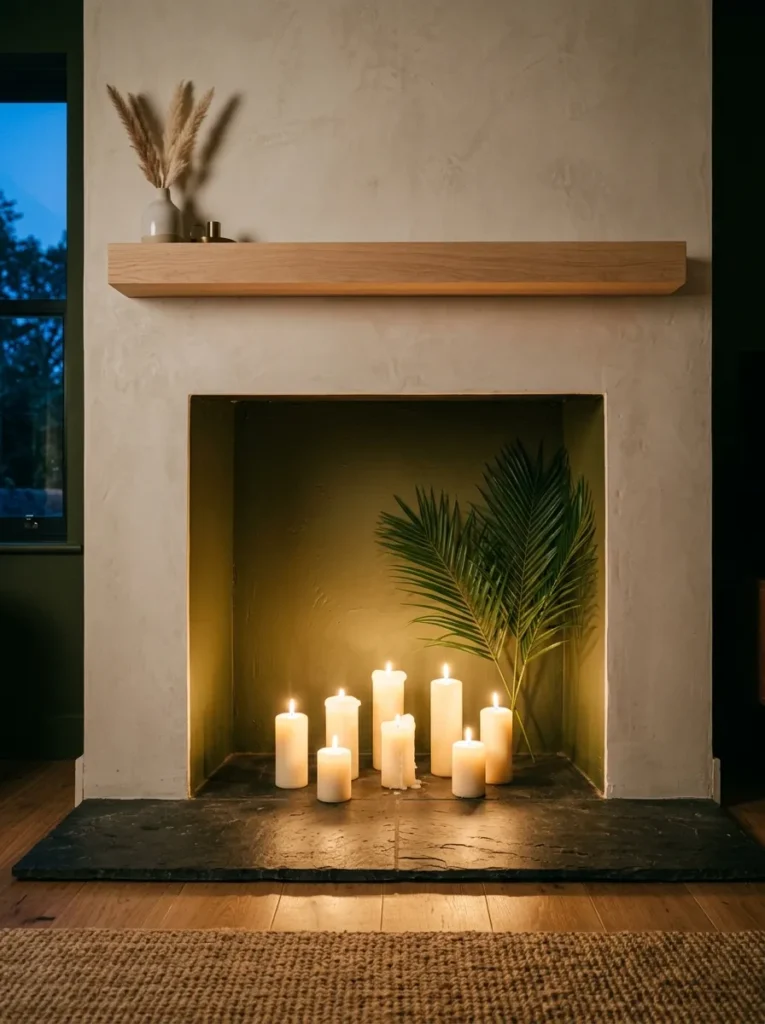 "Staggered pillar candles glowing inside an olive-green painted firebox"