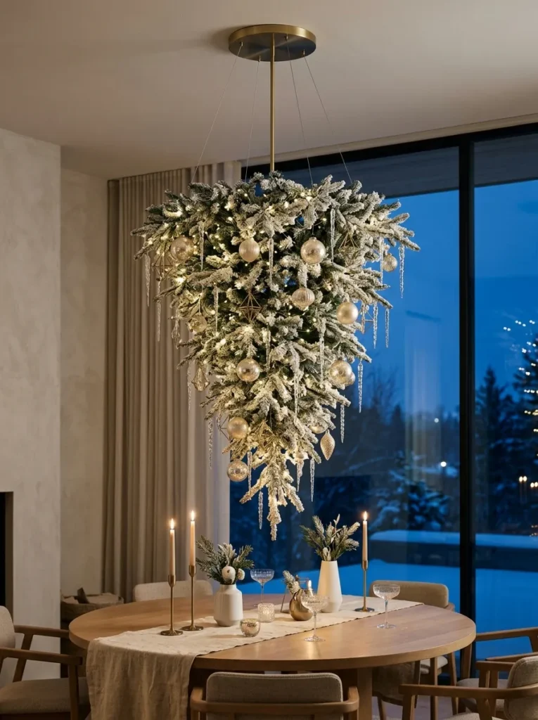 "Upside-down frosted fir hanging above a round dining table"