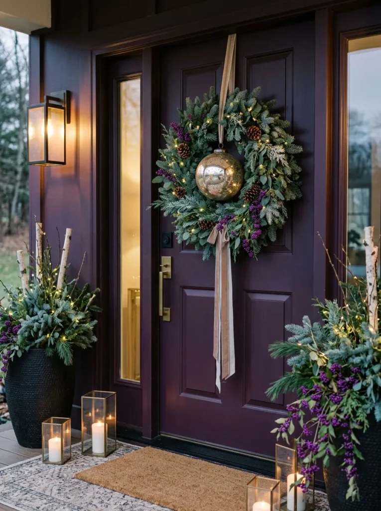 "Noble fir ring with a floating champagne glass ornament on an aubergine door"