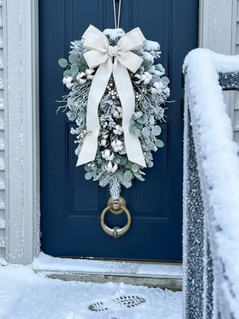 "Flocked white swag with eucalyptus and cotton bolls on a navy door"