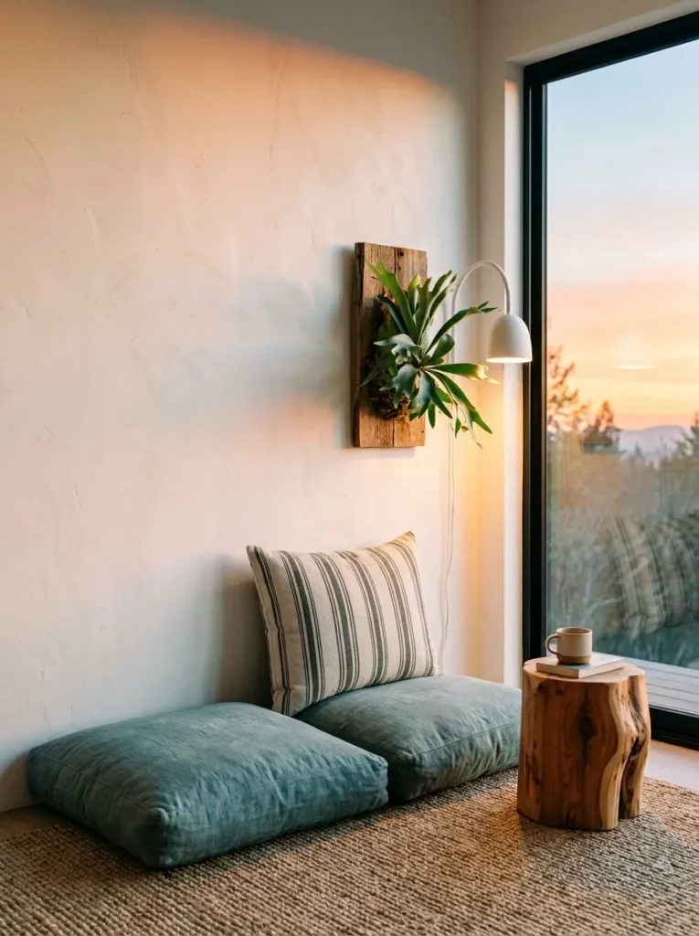 "Floor cushion reading lounge with wall-mounted back support"