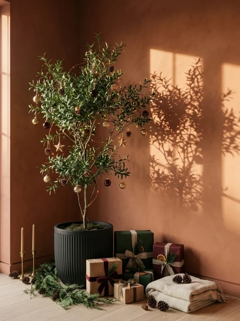 "Slim green Christmas tree in a ribbed black pot against a terracotta wall"