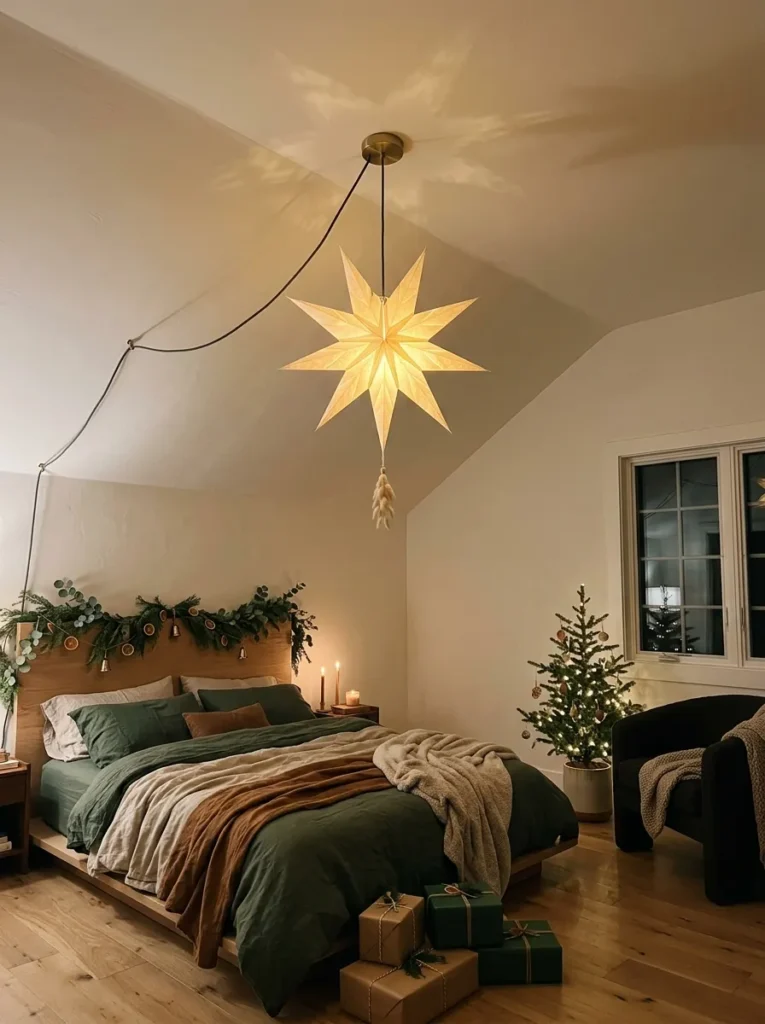 "Folded bone washi paper star pendant glowing above a reading chair"