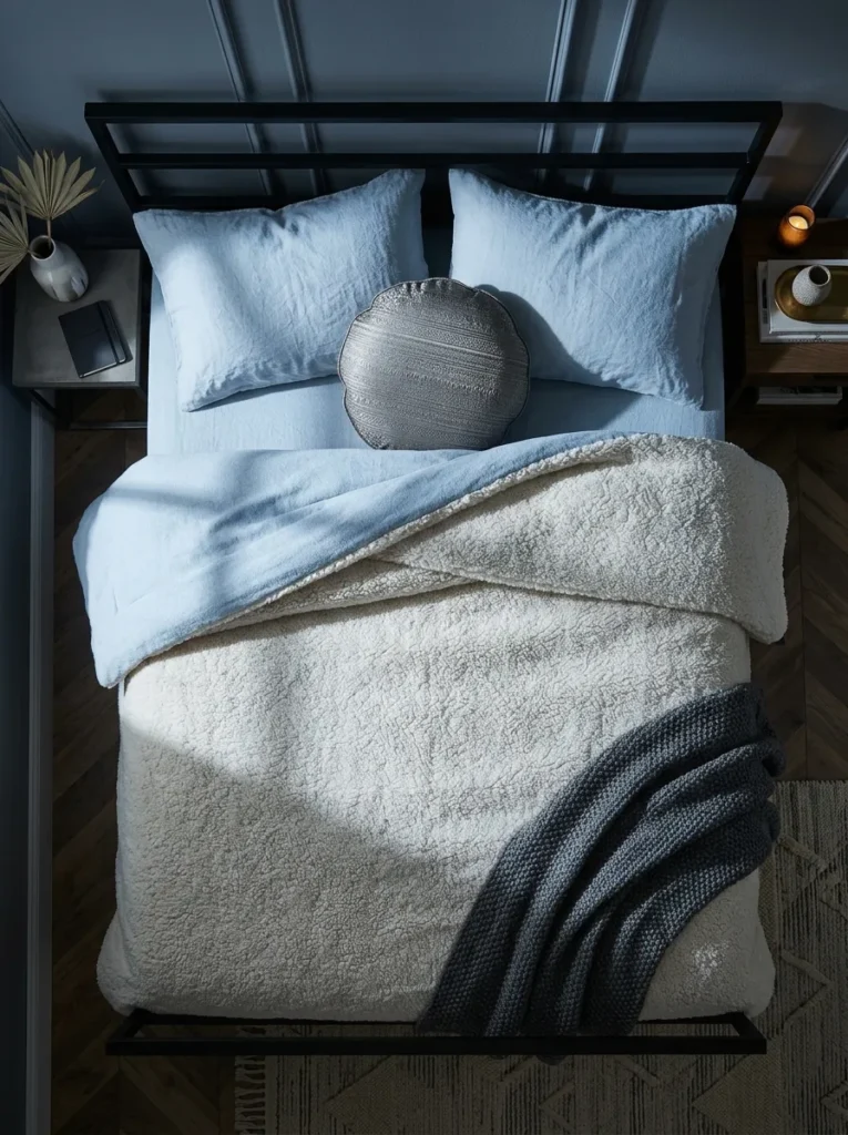 "Ivory sherpa duvet with frost-blue flannel cuff on a black iron bed"
