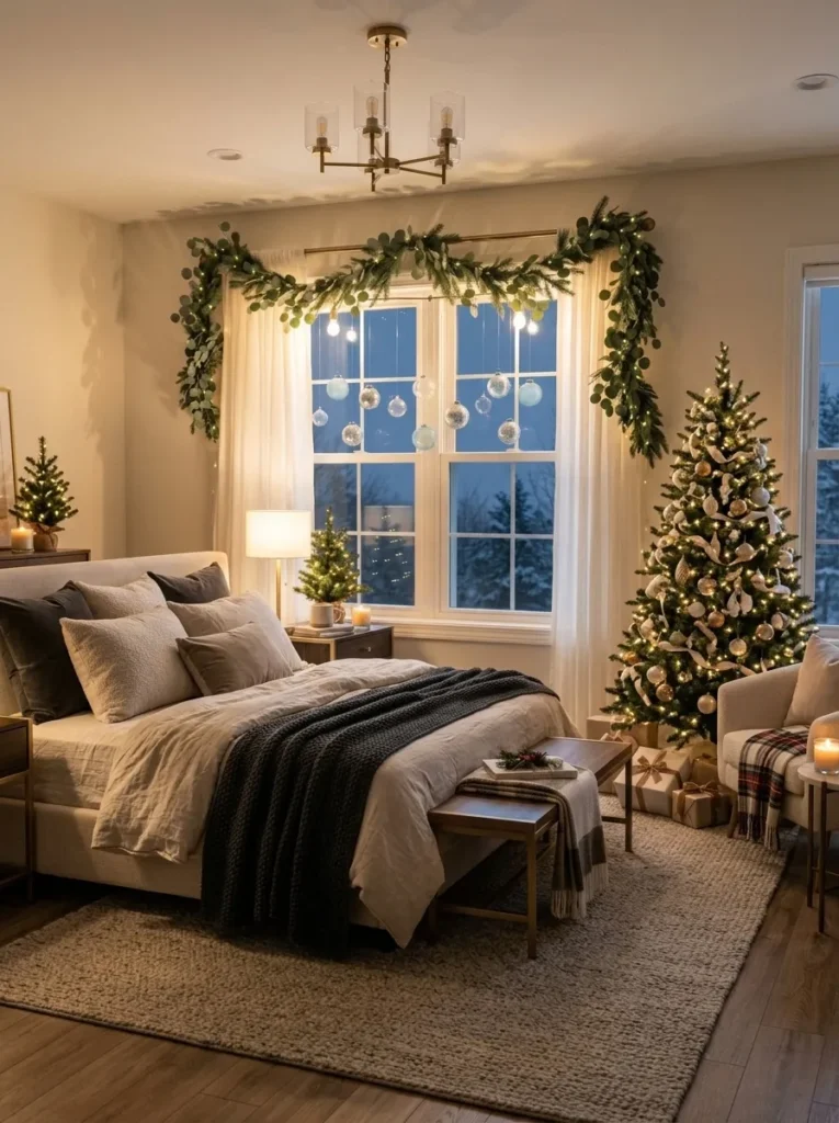 "Frosted glass ornaments hanging in a bedroom window with warm lights"