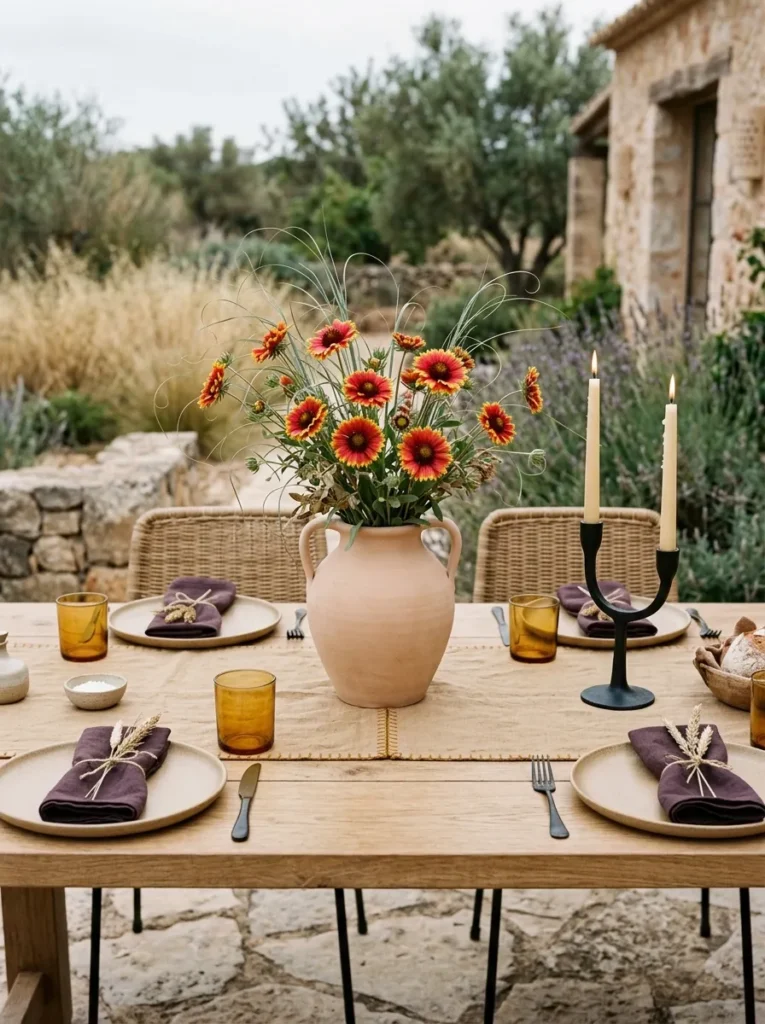 "Indian blanket flowers in a terracotta amphora on a sandstone runner"