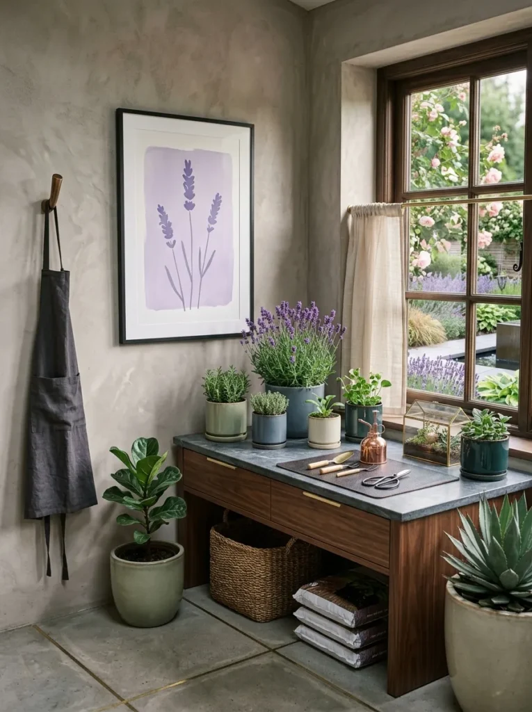 "Cottagecore garden room with zinc potting bench and lavender walls"