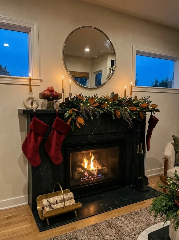 "Garnet velvet stockings on a smoked glass and nickel mantel"