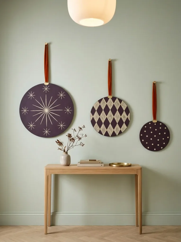 "Three round chalkboard ornaments hung on a hallway wall"