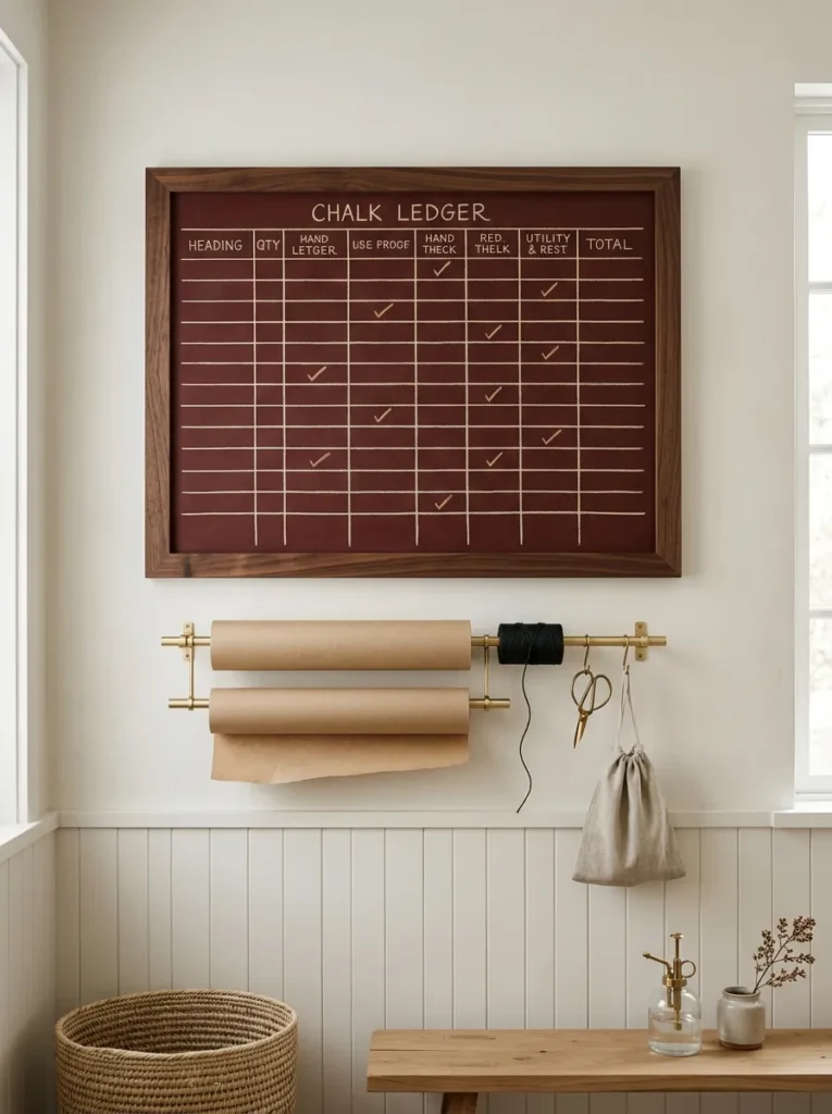 "Oxblood chalkboard gift ledger above a wrapping station"