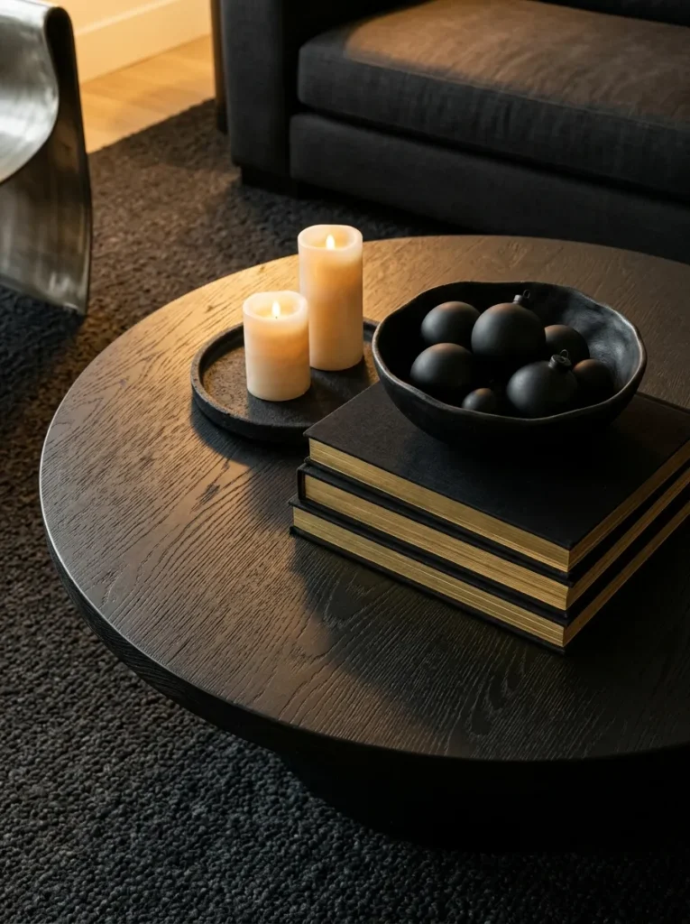 "Stack of gilt-edged black books on a blackened oak coffee table"