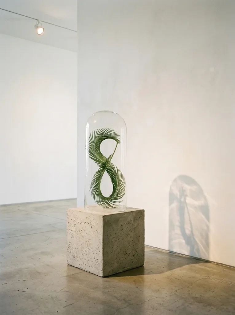 "Coiled palm frond under a glass cloche on a concrete plinth"