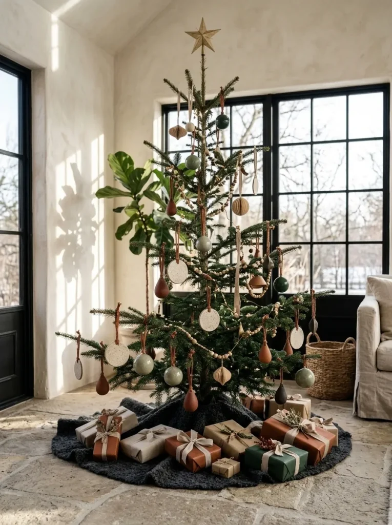 "Spruce tree hung with handmade speckled ceramic ornaments"