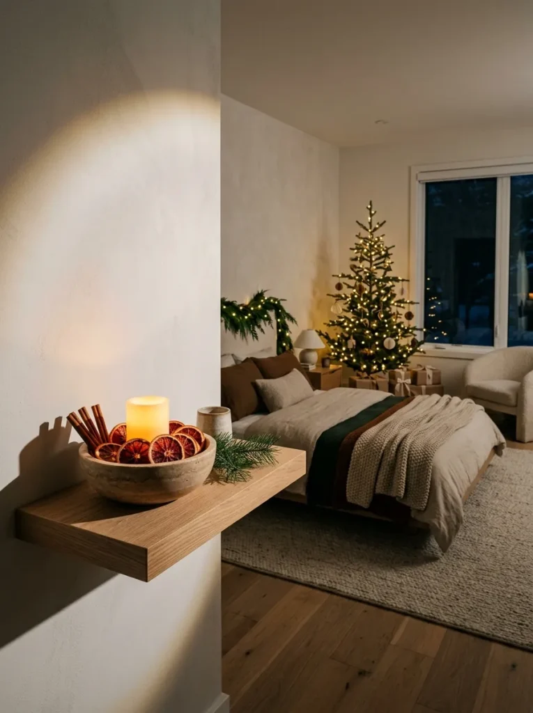 "Travertine bowl of dried blood-orange slices glowing on a bedroom ledge"